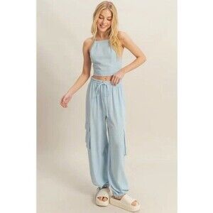 HYFVE Women L Rayon‎ Linen Cargo Pants Halter Top Set Blue Coastal Resort NWT